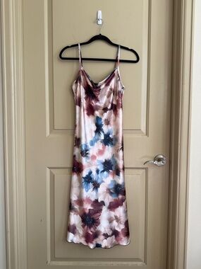 NWT bebe Floral Satin Slip Midi Dress in Pink, Blue & Mauve